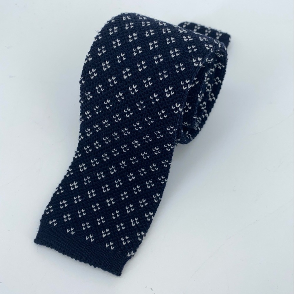 Eton Tie Mens Wool Knit Skinny Slim Navy White Patterned Luxury One Size Necktie